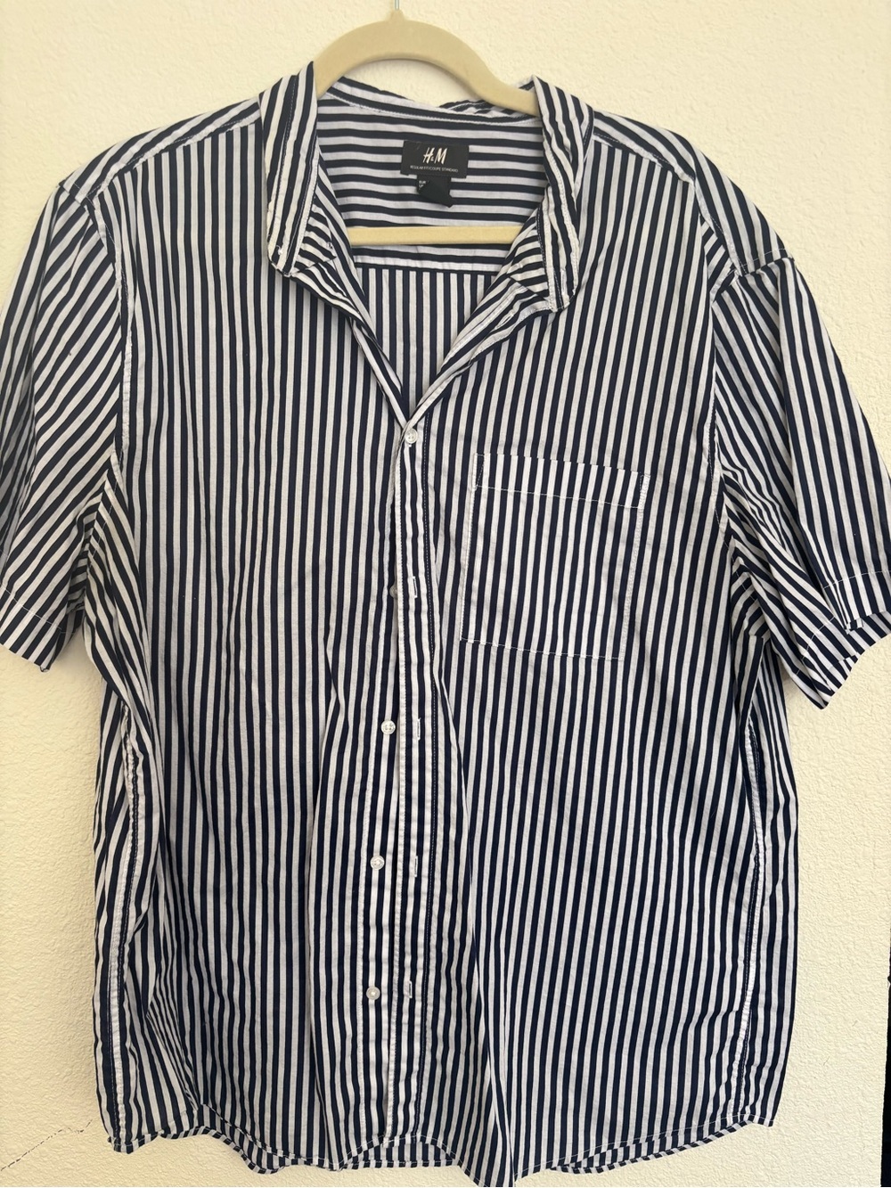 H&M Navy and White Vertical Stripe Short-Sleeve Button Down Shirt